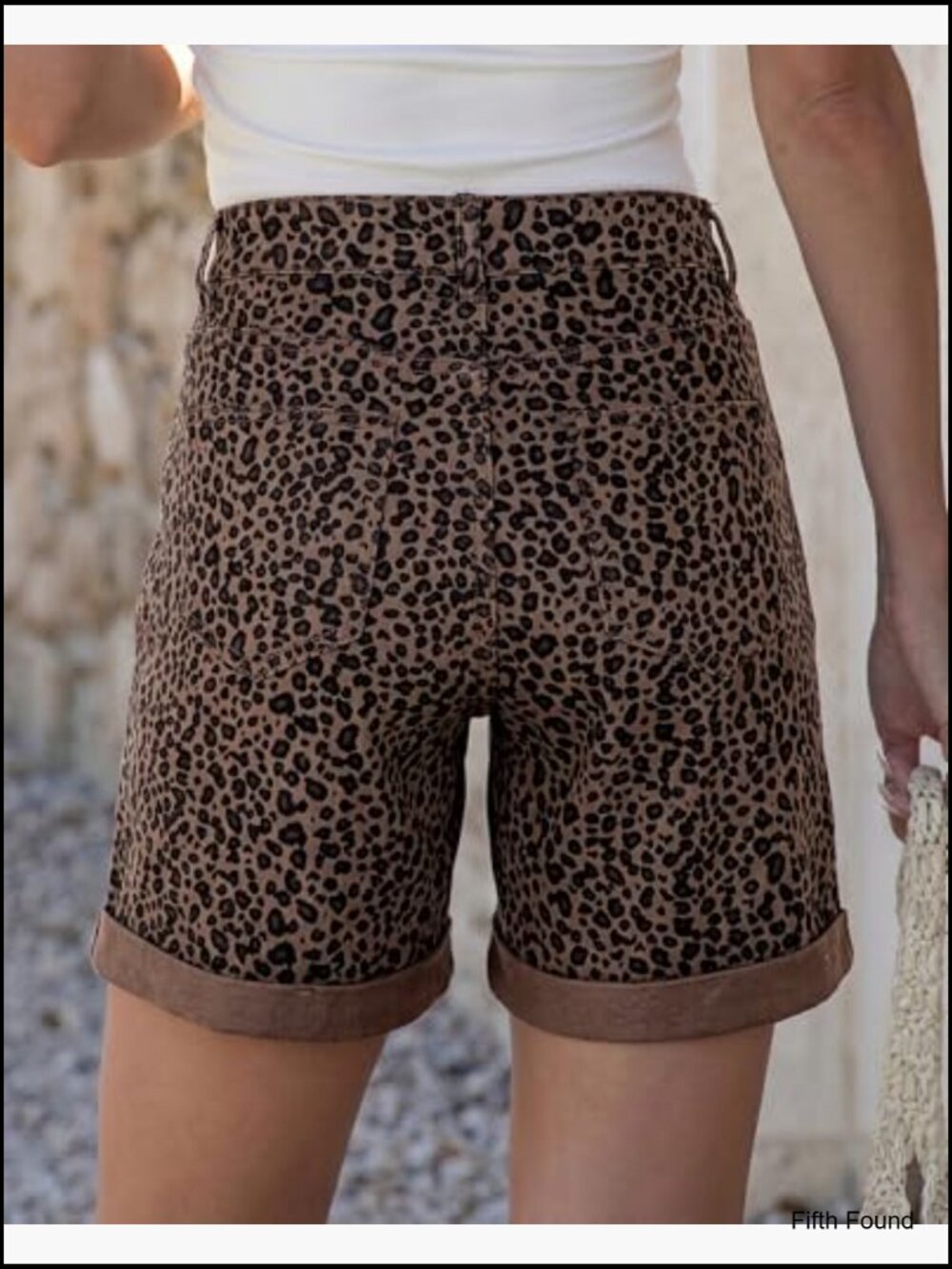 High Waisted Denim Shorts with Cheetah Print Cuffed Hem Pleated Stretch Summer - Picture 2 of 6